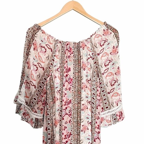 Naif Boho Dress OTS Off The Shoulder Pink Mixed Print Peasant Dress Size Large - Picture 14 of 16